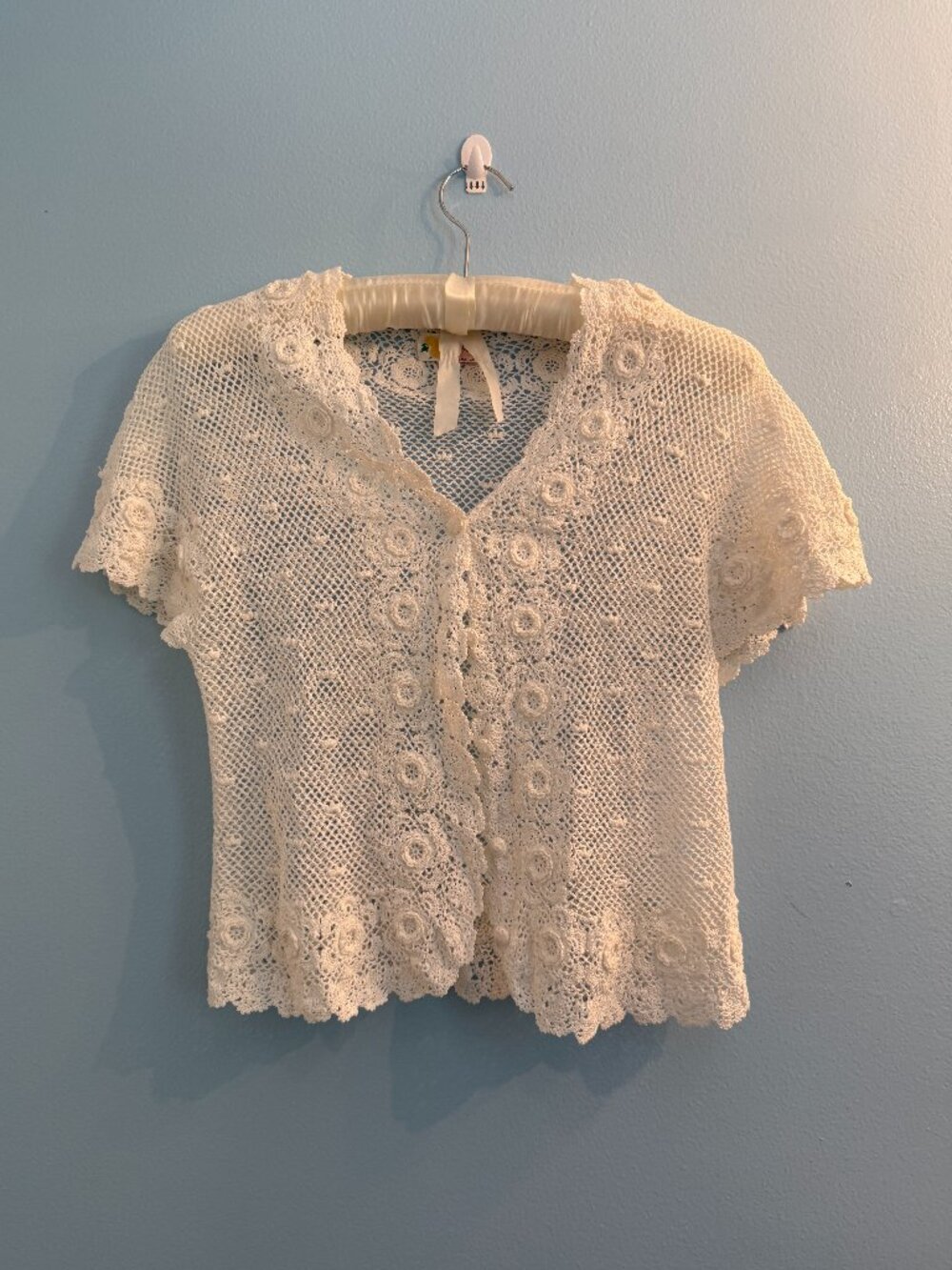 Vintage 1960s Short Sleeve Crochet Cardigan Handmade 100% Cotton Size L